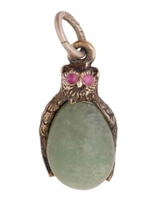 RUSSIAN SILVER CARVED JADE OWL EGG PENDANT W RUBY EYES
