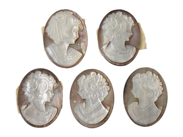 GROUP OF FIVE HAND CARVED SHELL PORTRAIT CAMEOS