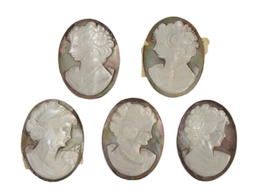 GROUP OF FIVE HAND CARVED SHELL PORTRAIT CAMEOS