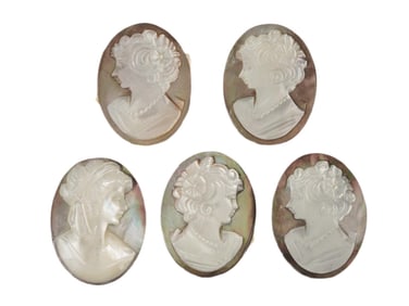 GROUP OF FIVE HAND CARVED SHELL PORTRAIT CAMEOS