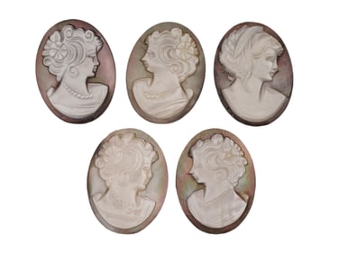 GROUP OF FIVE HAND CARVED SHELL CAMEOS W PORTRAITS