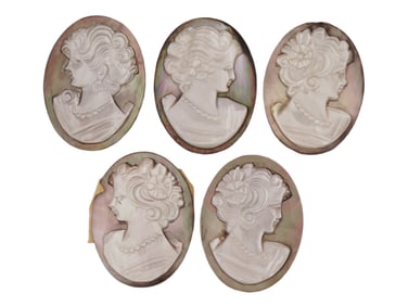 GROUP OF FIVE HAND CARVED SHELL CAMEOS W PORTRAITS