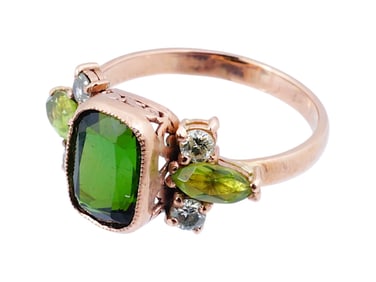 RUSSIAN 14K PINK GOLD TOURMALINE STONES DIAMOND RING