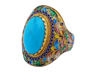 RUSSIAN GILT SILVER CLOISONNE ENAMEL TURQUOISE RING