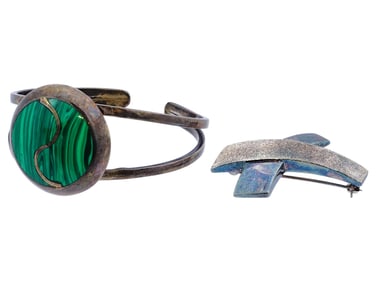 VTG STERLING SILVER MALACHITE BRACELET AND BROOCH
