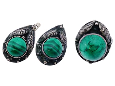 VTG STERLING SILVER MALACHITE RING AND EARRINGS