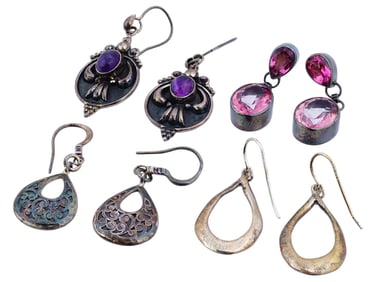 FOUR PAIRS OF VINTAGE STERLING SILVER EARRINGS