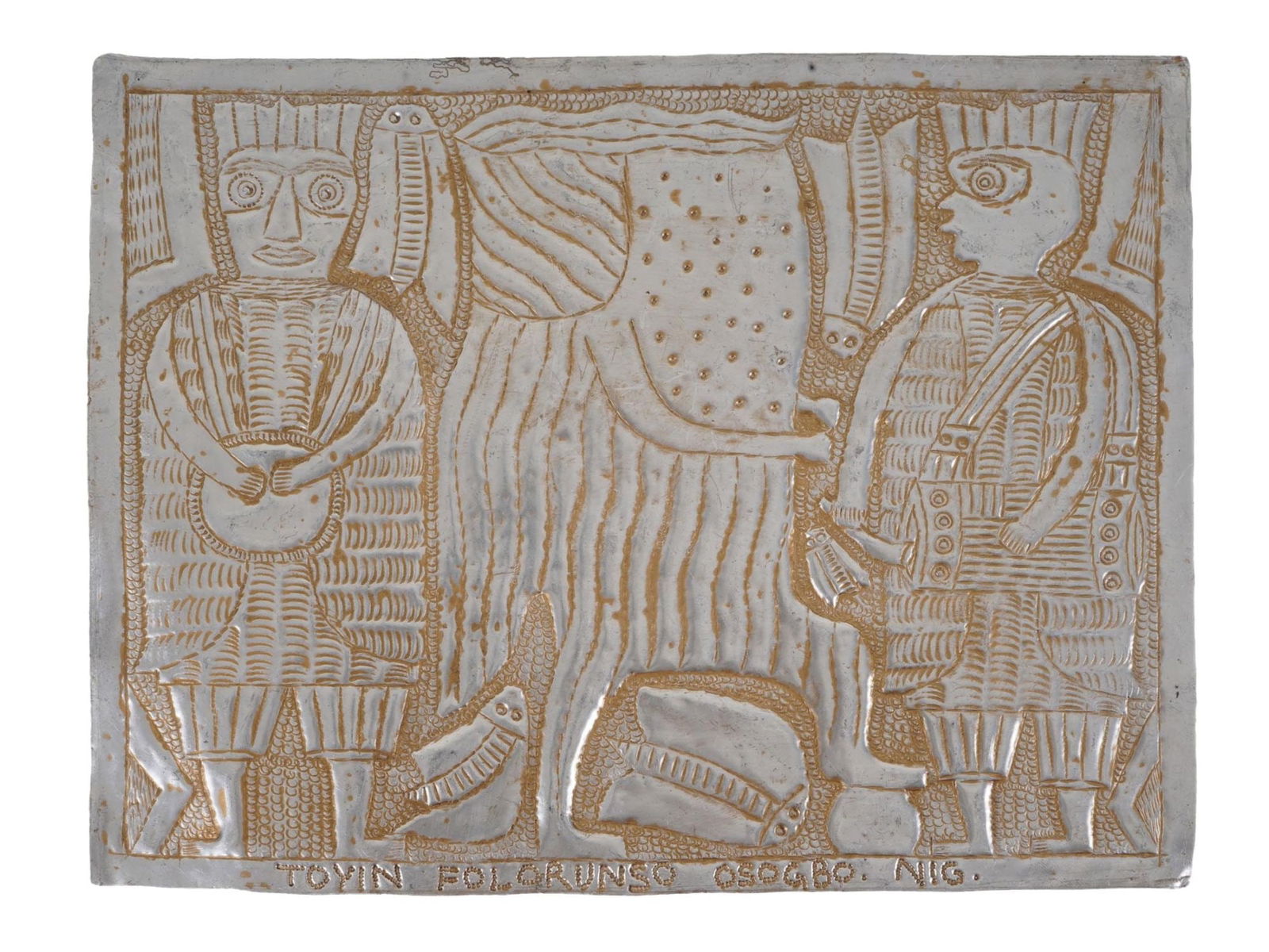 AFRICAN NIGERIAN ALUMINUM PANEL BY TOYIN FOLORUNSO: An African Nigerian hammered aluminum relief panel by Toyin Folorunso, 1970 to 2023. The artwork titled Masquerade II depicts a genre scene with human figures. Signed and inscribed lower to the center