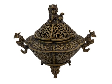 QIANLONG LIDDED PHOENIX HANDLE GUARDION LION INCENSER