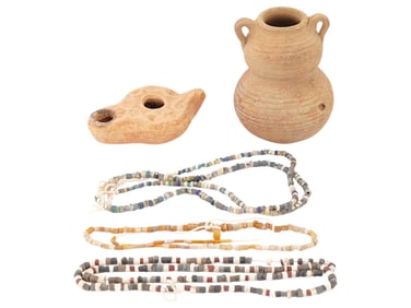 ANCIENT ROMAN ARTIFACTS NECKLACES CERAMIC JAR OIL LAMP