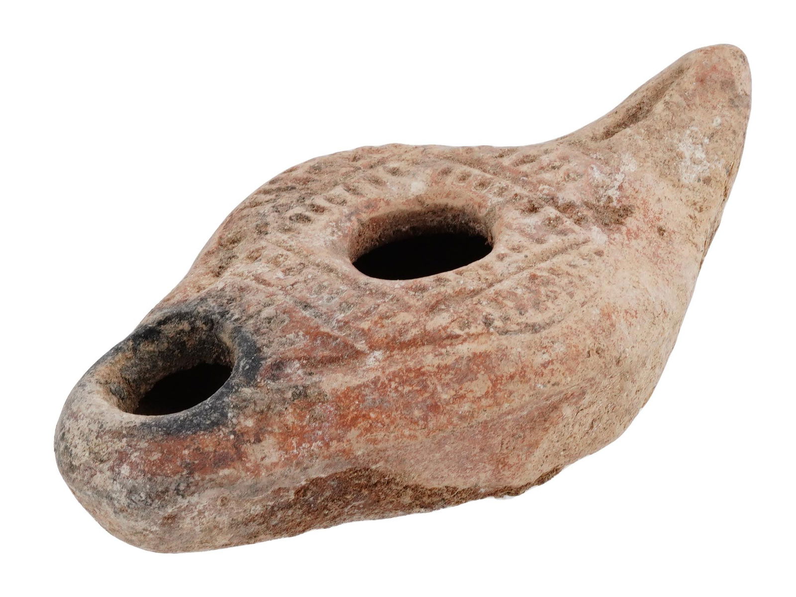 ANCIENT ROMAN TERRACOTTA OIL LAMP CA 100 TO 300 AD: An ancient Roman terracotta oil lamp dating from 100 to 300 AD, featuring a square design, probably as a door to the universe. The lamp showcases traditional Roman craftsmanship, with intricate patter