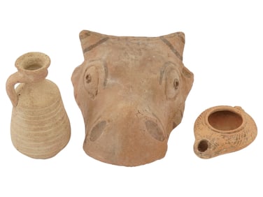 ANCIENT ROMAN TERRACOTTA PITCHER BULL MASK OIL LAMP