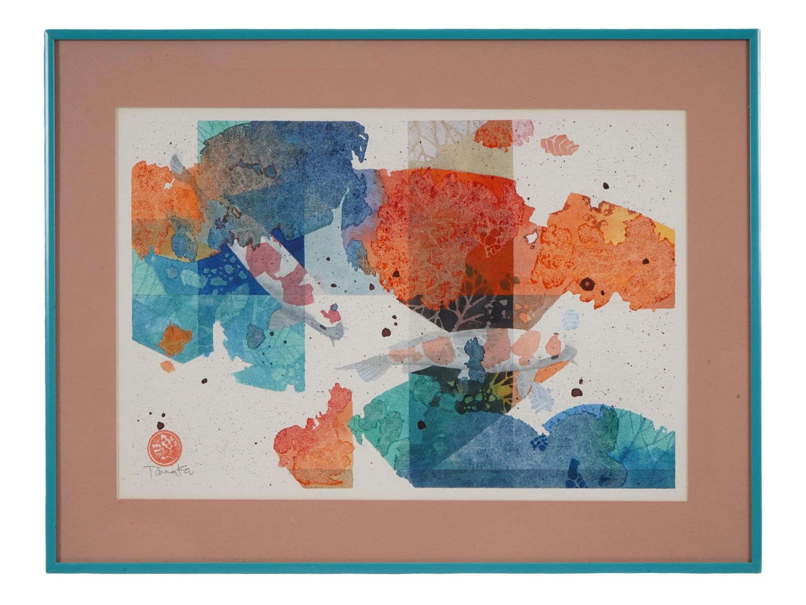 MODERN ABSTRACT JAPANESE PAINTING SIGNED TANAKA: A modern abstract Japanese watercolor painting on paper, signed Tanaka and accompanied by the red artists sea lower leftl. Features traditional Japanese motifs. Framed. Modern Abstract Paintings And A