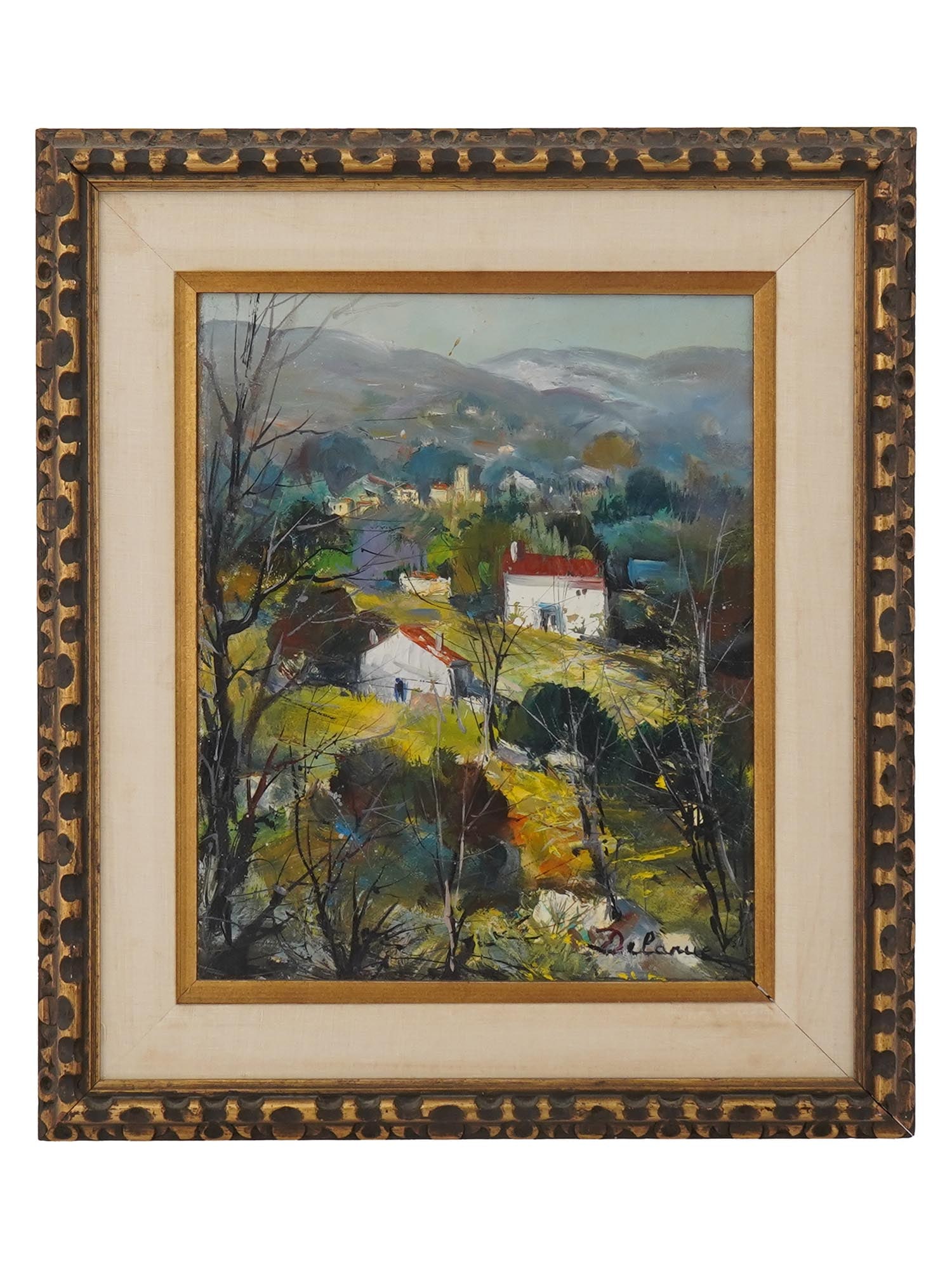 LUCIEN DELARUE FRENCH LANDSCAPE OIL PAINTING: Lucien Delarue, French, 1925 to 2011, oil on canvas painting. Panoramic view of a rural town. Signed in the lower right. Undated. Framed. Lucien Delarue studied at the studios of Grande Chaumiere, Par