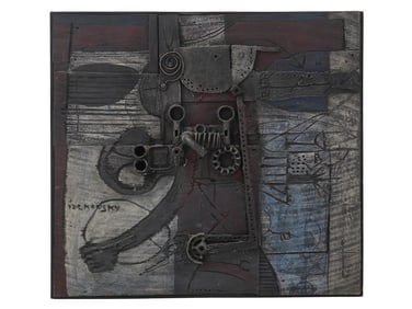 ZVI TOLKOVSKI ISRAELI ABSTRACT MIXED MEDIA PAINTING