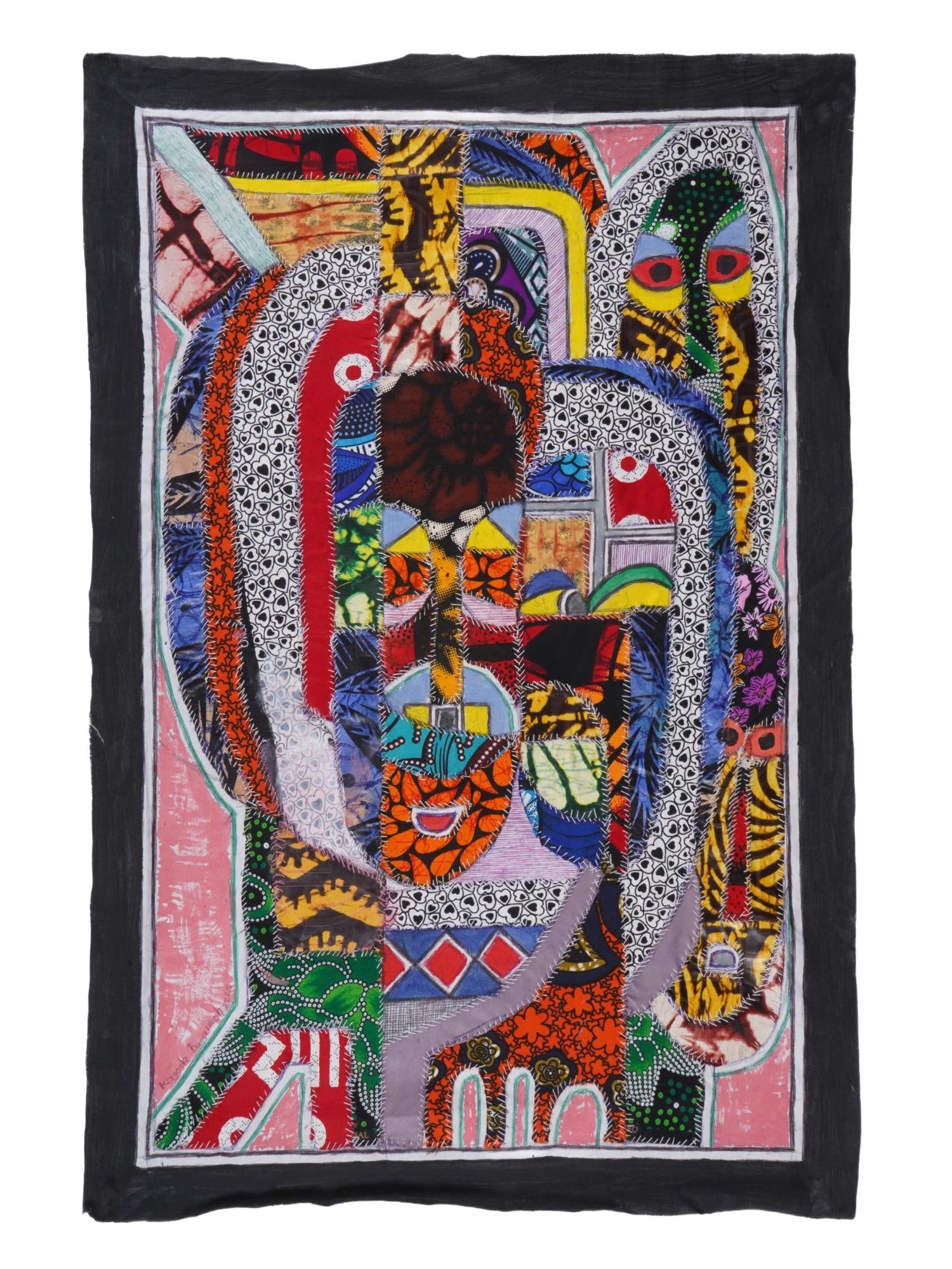 KAYODE BURAIMOH STITCH FABRIC ARTWORK COLLECTION MARKS: Kayode Buraimoh, Nigerian, 20th and 21st century, stitch fabric artwork titled Collection Marks. Inscribed on verso. Kayode Buraimoh is an artist celebrated for merging African cultural heritage with