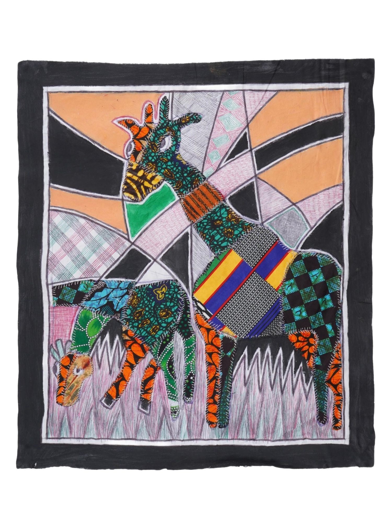 KAYODE BURAIMOH NIGERIAN MIXED MEDIA ARTWORK: Kayode Buraimoh, Nigerian, 21st century, mixed media artwork on fabric. The painting depicts two giraffes. Signed, titled Giraffes, and dated 2025 on the backside. Unframed. Provenance: private collec