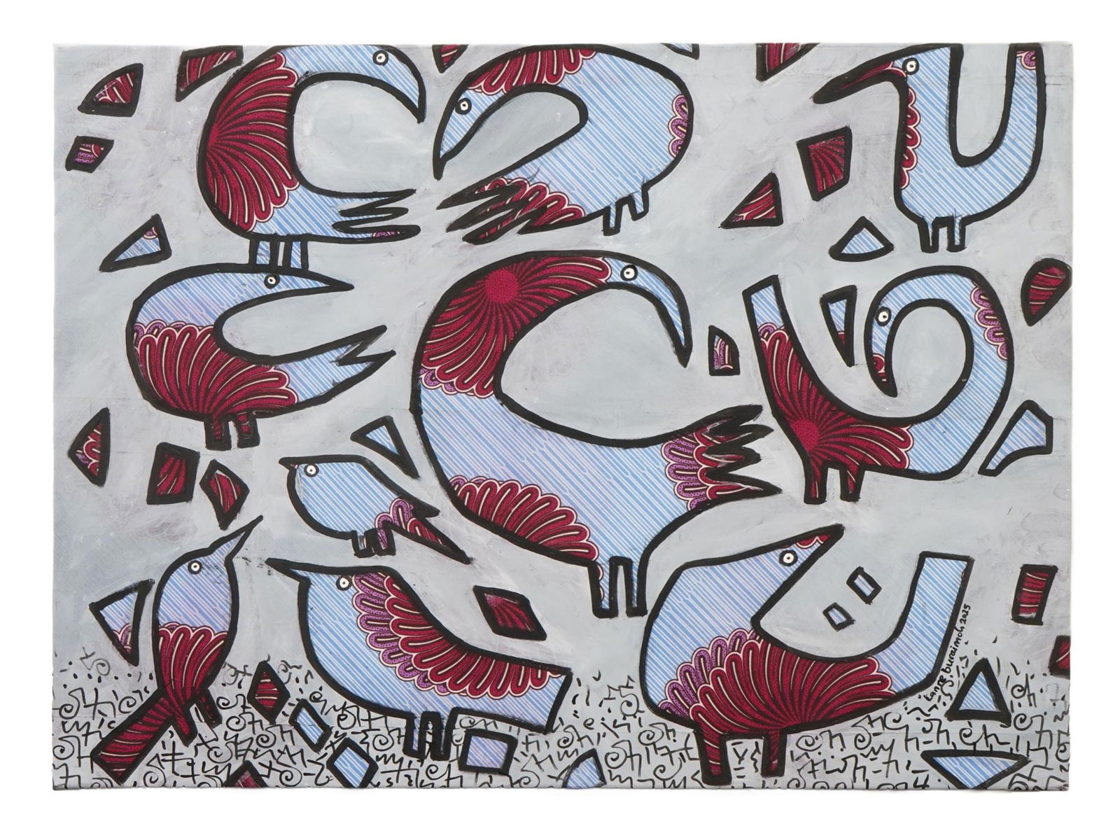 LANRE BURAIMOH NIGERIAN PAINTING ON FABRIC W COA: Lanre Buraimoh, Nigerian, born 1976, acrylic on fabric painting. The artwork depicts a complex composition with birds hidden in the fabric pattern. Titled Birds Kingdom III. Signed and dated 2025 in t