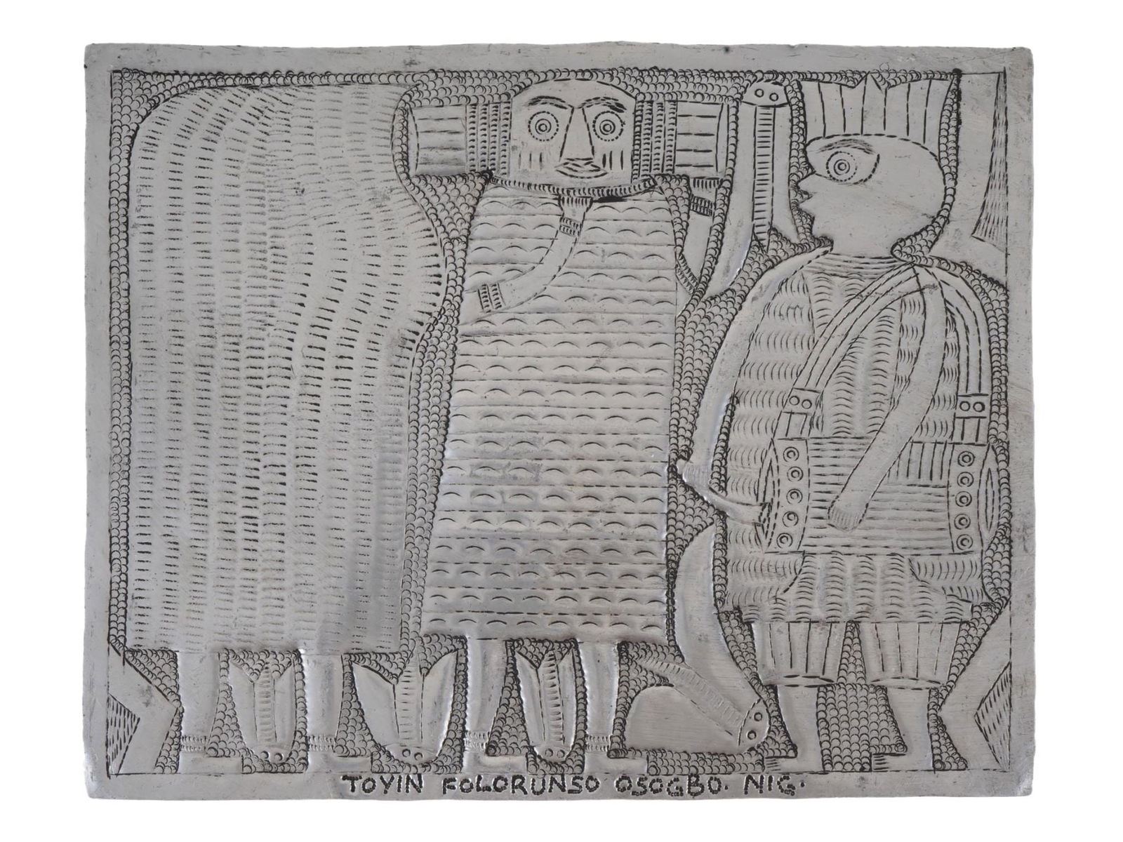 AFRICAN NIGERIAN ALUMINUM PANEL BY TOYIN FOLORUNSO: An African Nigerian hammered aluminum relief panel by Toyin Folorunso, 1970 to 2023. The artwork titled Masquerade I depicts a genre scene with human figures. Signed and inscribed lower to the center: