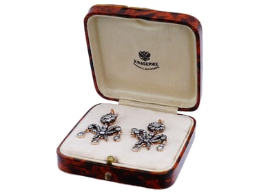 PAIR OF RUSSIAN GOLD AND DIAMOND DROP EARRINGS IN A BOX