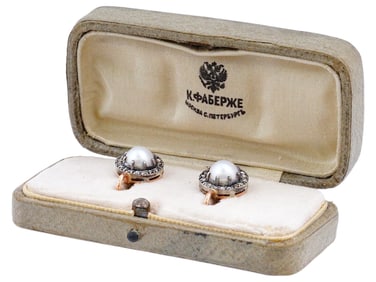 RUSSIAN GOLD EARRINGS WITH NATURAL PEARLS AND DIAMONDS