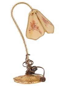 FLORAL FIGURAL DESIGN BRASS AND GLASS DESK LAMP