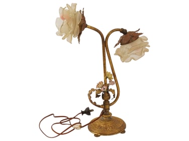 VTG ART NOUVEAU STYLE GLASS AND BRASS FLORAL TABLE LAMP