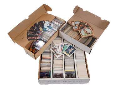 VINTAGE UNSORTED TRADING CARDS IN CARDBOARD BOXES