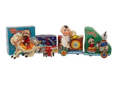 GROUP OF FOUR VINTAGE CHINESE TIN WIND UP TOYS IOB