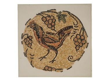 ANCIENT ROMAN ROUND MOSAIC CHICKEN AND AND GRAPES
