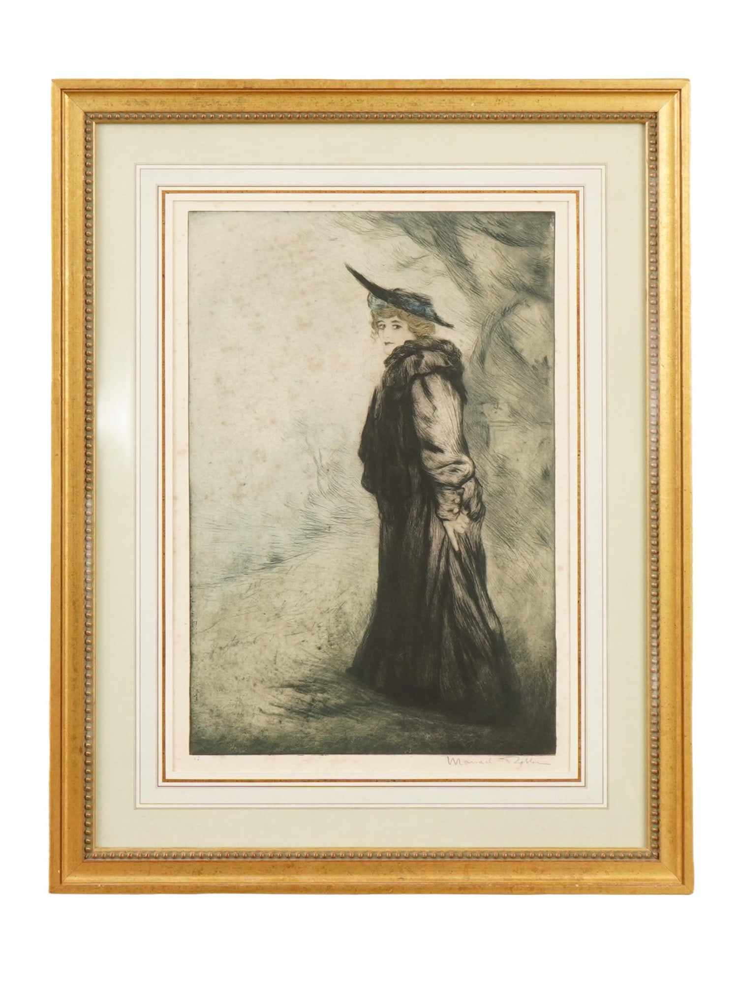 EMMANUEL ROBBE FRENCH ETCHING WOMAN IN A PARK: Emmanuel Robbe, French, 1872 to 1936, a color etching titled Femme dans un Park, Woman in a Park, dating to circa 1905. Executed as an aquatint and drypoint in colors on paper, the work exemplifies Ro