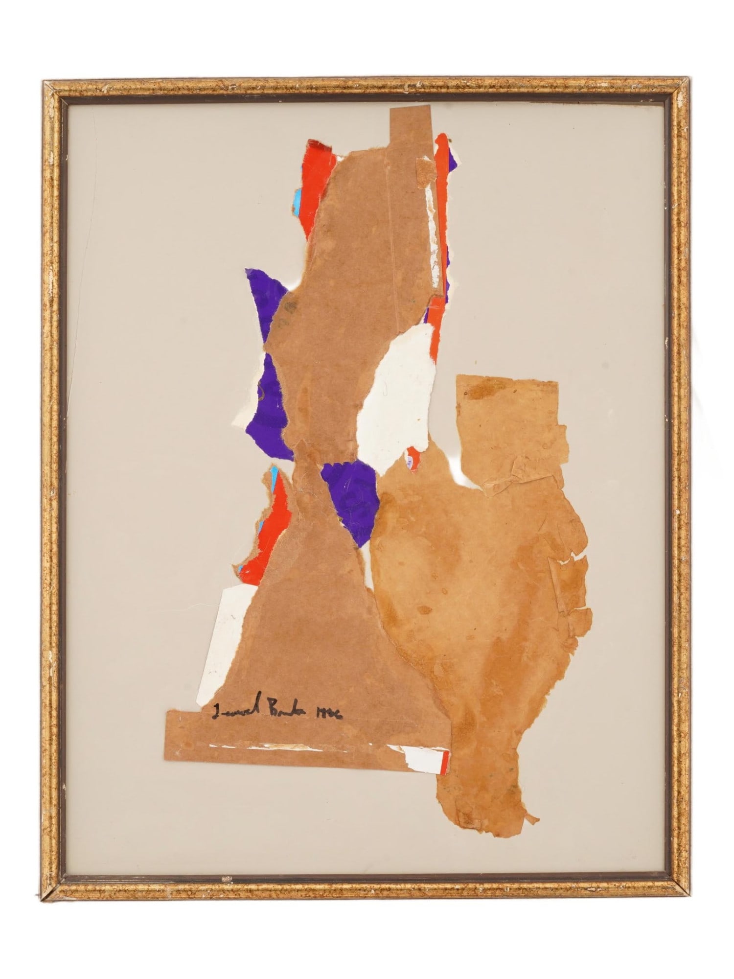 CANADIAN MIXED MEDIA PAINTING SIGNED LEONARD BROOKS: A Canadian School mixed media collage painting on board depicting an abstract composition, 1986. Signed, Leonard Brooks, and dated, lower left. Framed. Additionally inscribed, Canadian Frank Leonard B