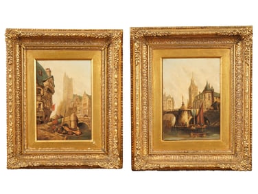 LOT OF TWO ANTIQUE EUROPEAN TOWN OIL PAINTINGS