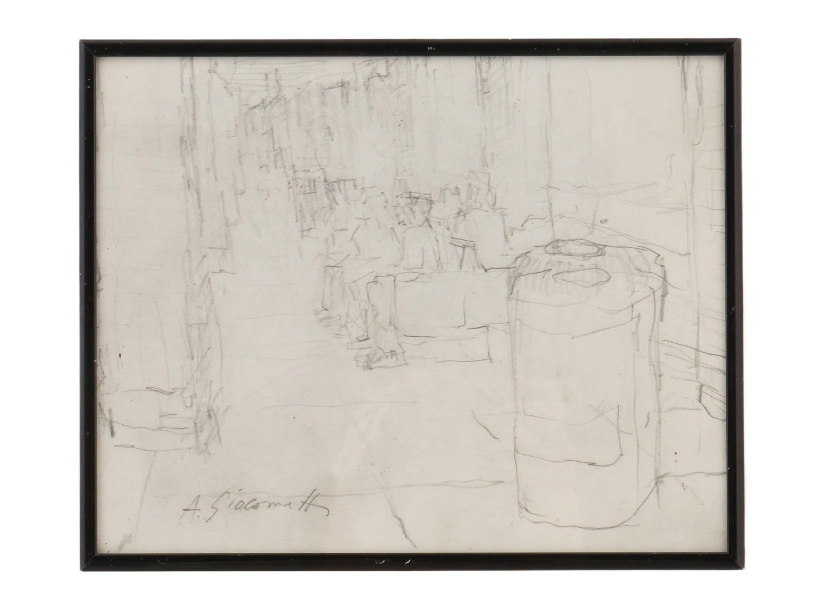 SIGNED A GIACOMETTI FRENCH SWISS GRAPHITE PAINTING: Signed Alberto Giacometti, French, Swiss, 1901 to 1966, graphite painting on paper depicting a genre scene. Signed lower left. Framed. Alberto Giacometti was a Swiss sculptor, painter, draftsman and p
