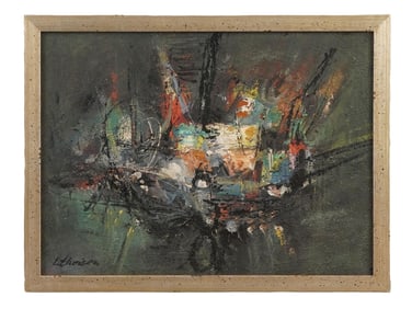 ABSTRACT COMPOSITION OIL PAINTING SIGNED LOU THEISEN