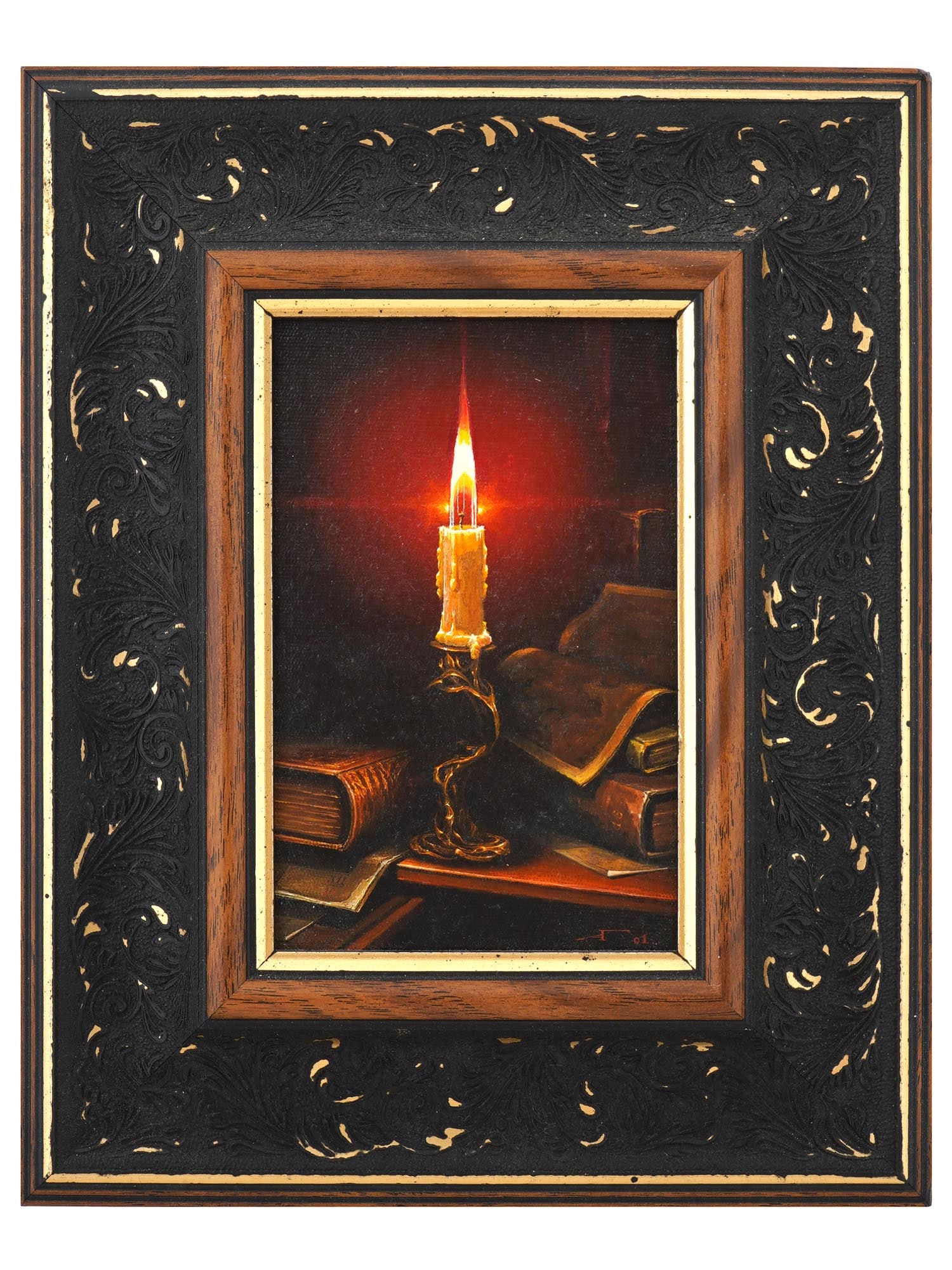 CONTEMPORARY STILL LIFE OIL PAINTING BY GADZHIYEV: A contemporary Russian oil on canvas laid on board still life painting by Gadzhiyev, 2001. The painting depicts a red flaming candle on a curved candlestick against the background of various books and