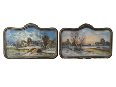 ANTIQUE PAIR OF MIXED MEDIA LANDSCAPE PAINTINGS