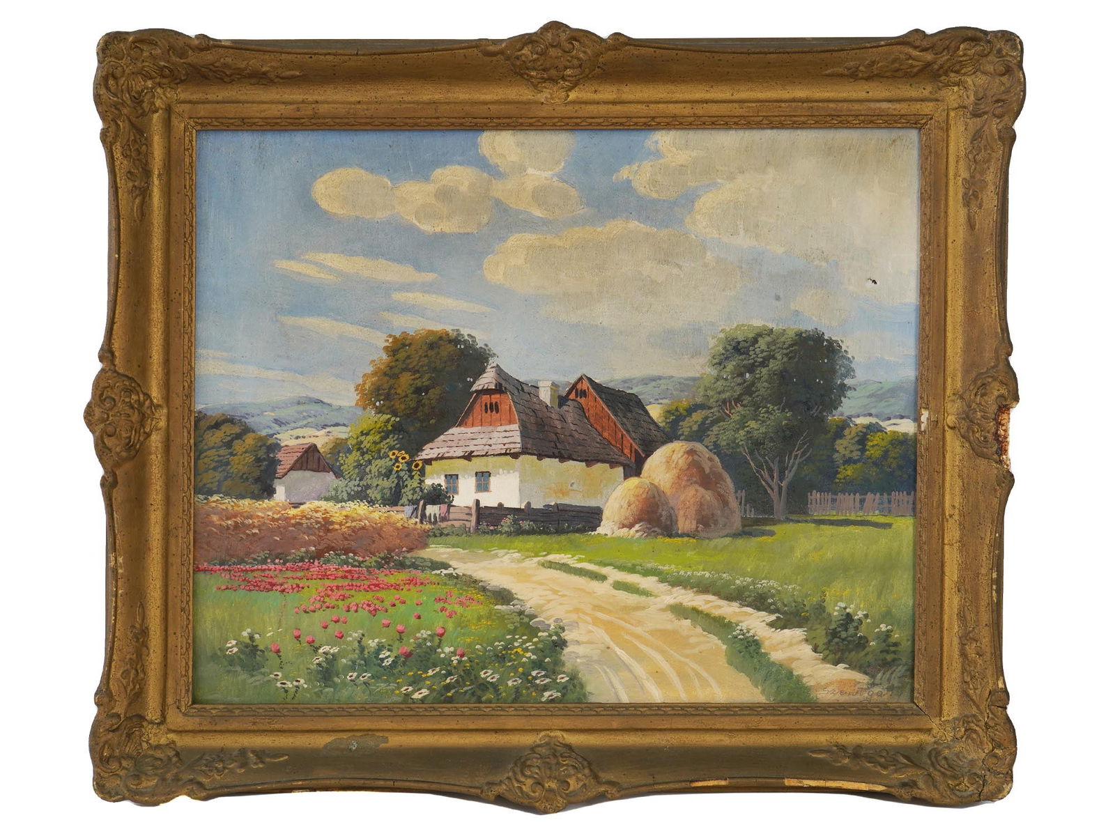 ANTIQUE HUNGARIAN OIL PAINTING BY FERENC SZENTGALY: Ferenc Szentgaly, Hungarian, 19th - 20th century, an oil on canvas painting depicting a sunny landscape with a farmhouse. Signed by the artist lower right. Housed in an original period gilt wood and g