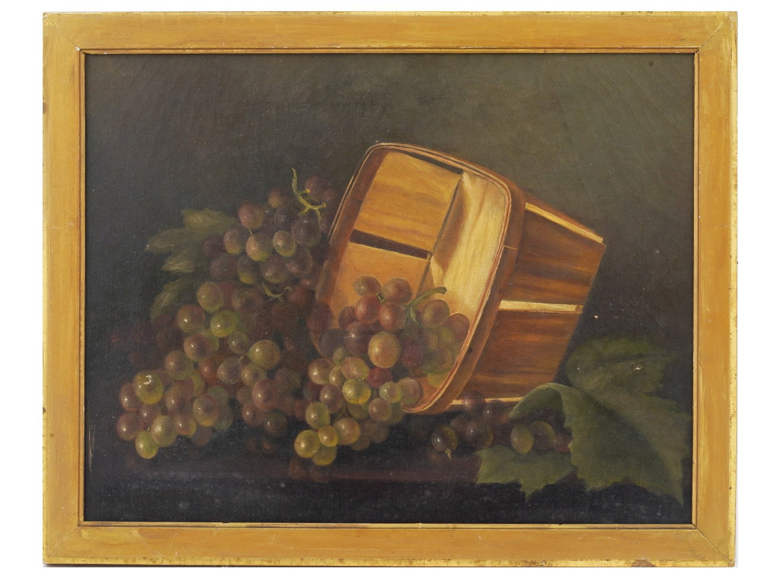 ANTIQUE EUROPEAN SCHOOL STILL LIFE OIL PAINTING: An antique European School oil painting on canvas depicting a still life. Circa: 19th century. The painting depicts a still life with a fallen basket of grapes. Housed in a wooden frame. Unsigned. Old