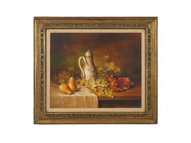 MID CENTURY FRUIT STILL LIFE OIL PAINTING SIGNED