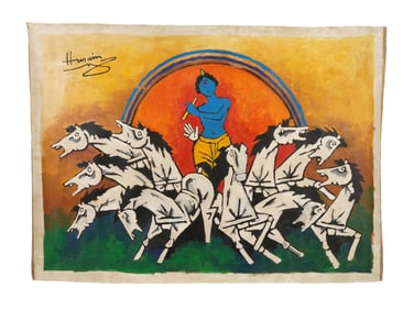 INDIAN OIL PAINTING KRISHNA SIGNED M F HUSAIN W COA