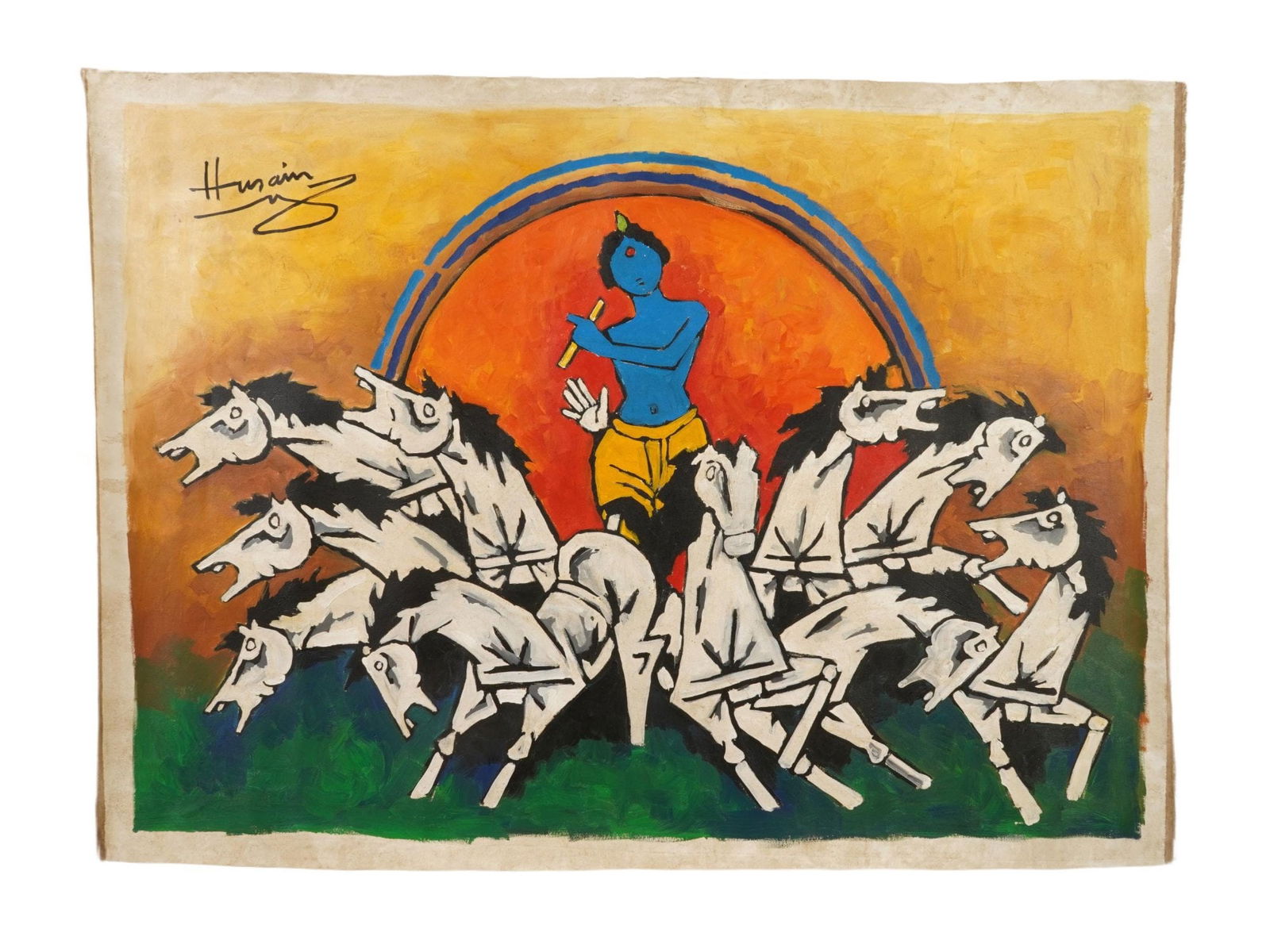INDIAN OIL PAINTING KRISHNA SIGNED M F HUSAIN W COA (1 of 5)
