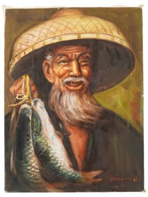 CHINESE FISHERMAN PORTRAIT OIL PAINTING SIGNED