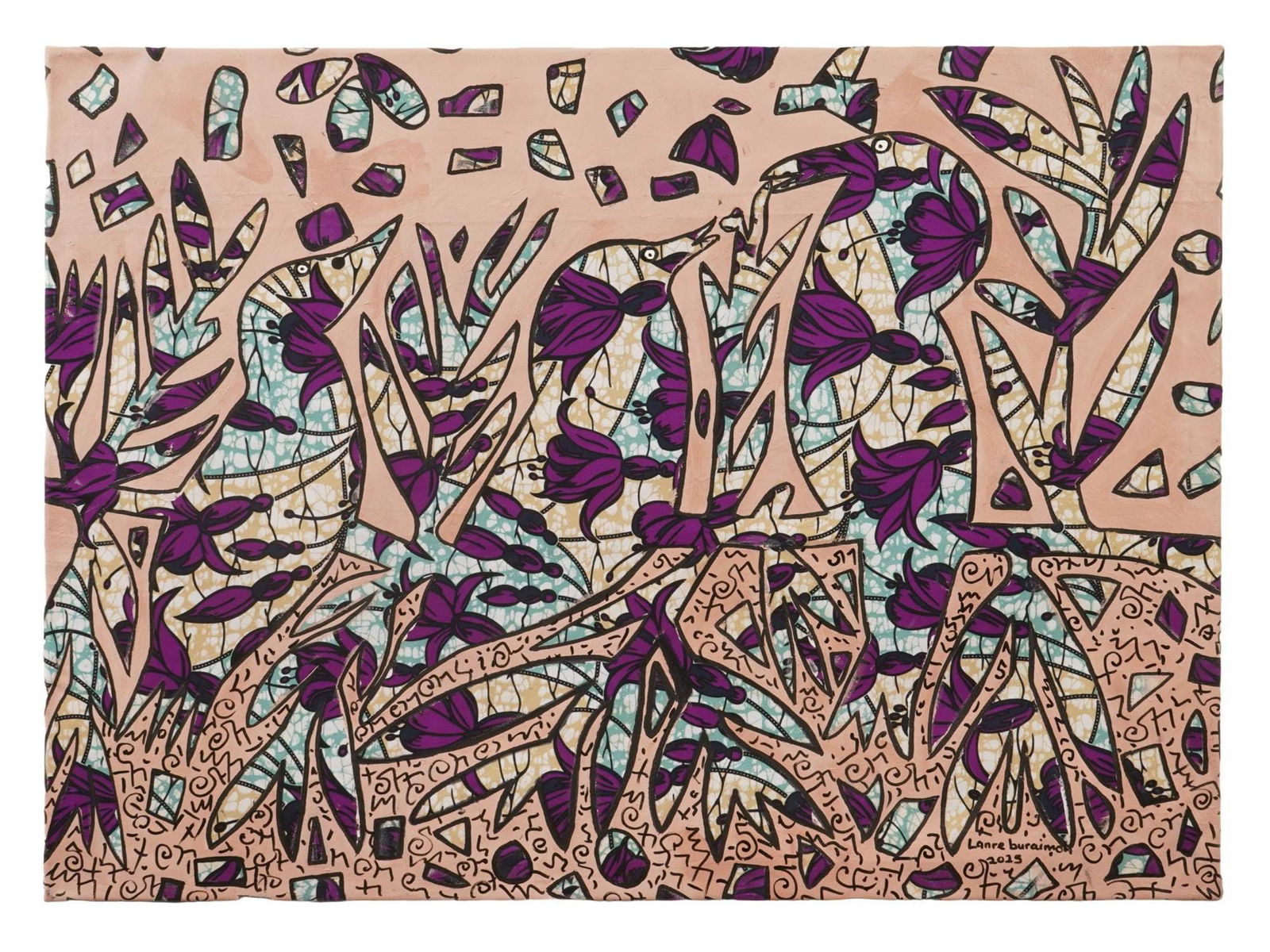 LANRE BURAIMOH NIGERIAN PAINTING ON FABRIC 2025: Lanre Buraimoh, Nigerian, born 1976, acrylic on fabric painting. The artwork depicts a complex composition with three birds hidden in the fabric pattern. Titled Three Little Birds. Signed and dated 20