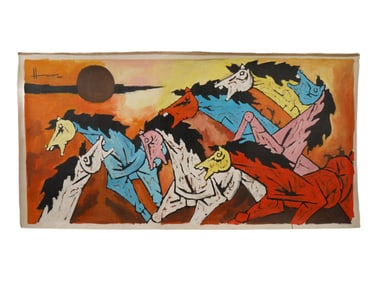 SIGNED MF HUSAIN INDIAN PAINTING HORSES WITH COA