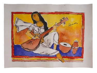 INDIAN MIXED MEDIA PAINTING SIGNED MAQBOOL F HUSAIN