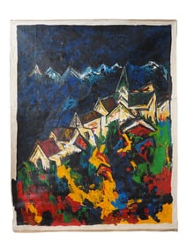 SIGNED SYED HAIDER RAZA INDIAN ACRYLIC PAINTING