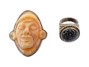 ISLAMIC SILVER RING AND MEXICAN AMBER MASK BROOCH