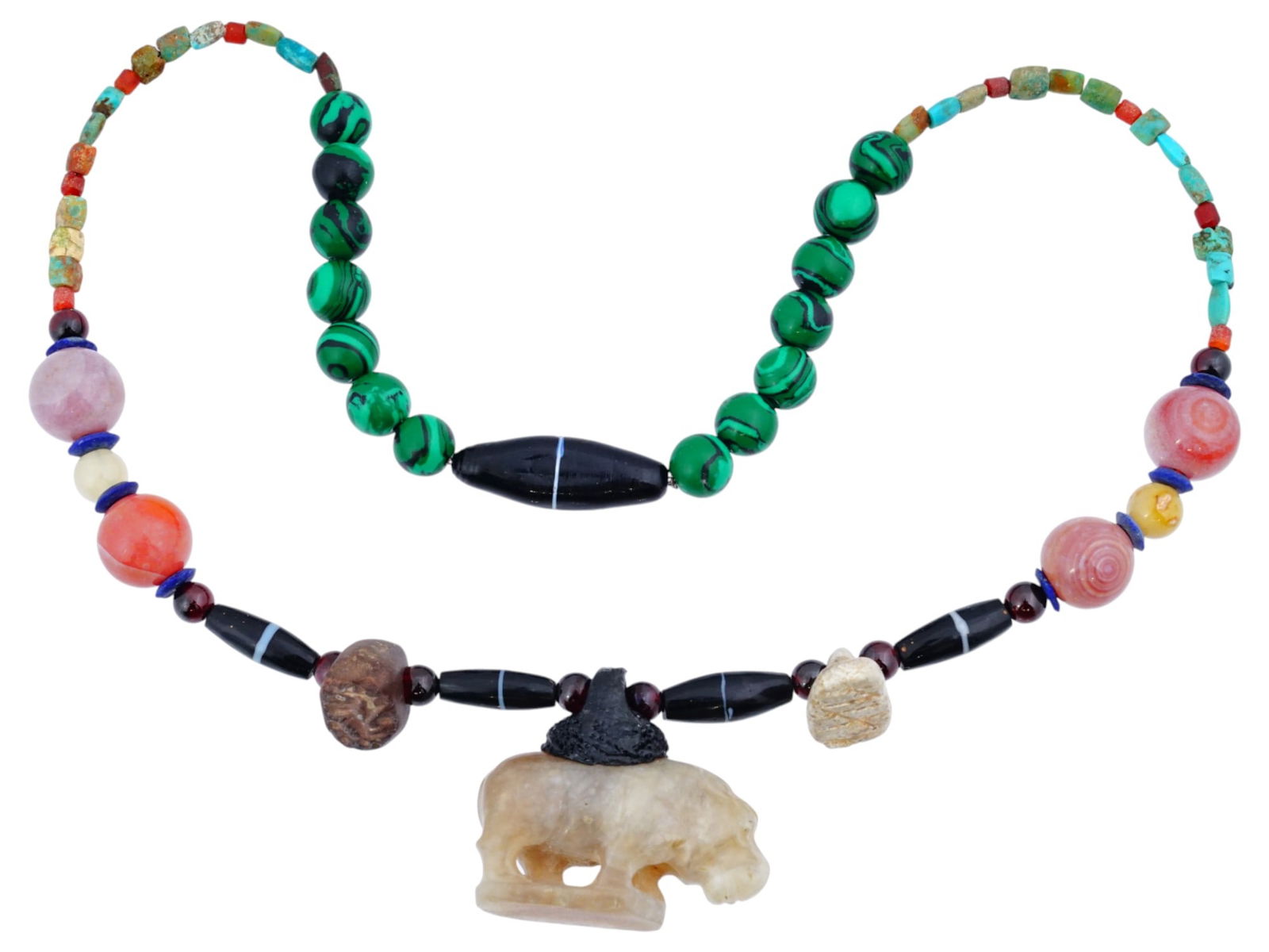VINTAGE BEADED NECKLACE WITH A CARVED HIPPO PENDANT (1 of 7)