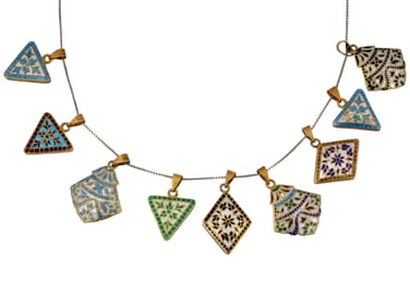 VINTAGE ITALIAN SILVER CHAIN WITH 9 ENAMELED PENDANTS